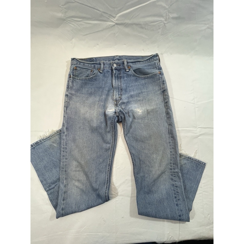 Levi's 505 Men's Jeans 33x34 Light Wash Straight Leg Distressed Worn Hem Denim